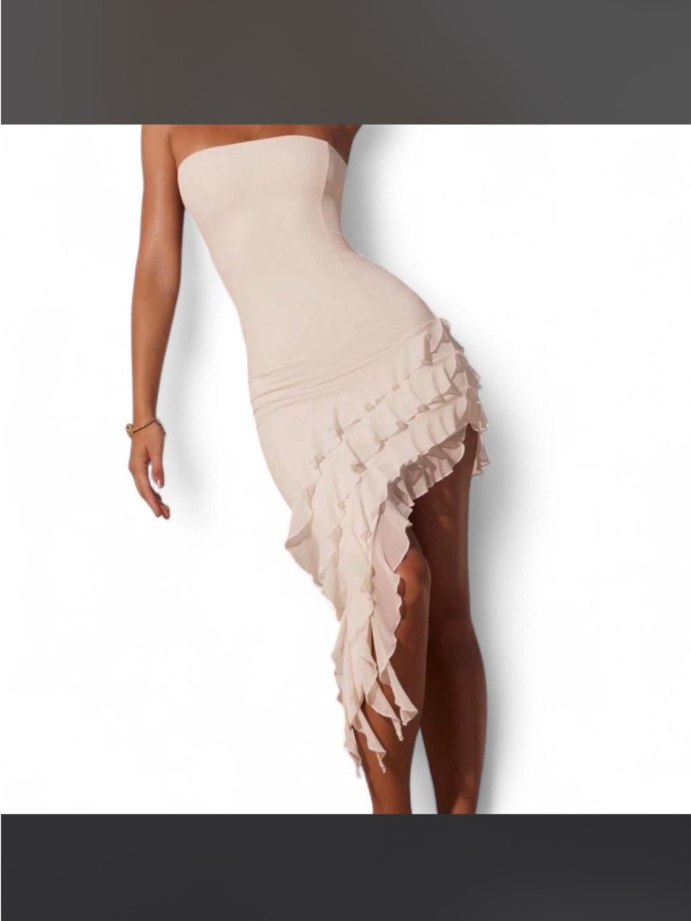 Oh Polly Strapless Asymmetrical Ruffle Dress - Cream